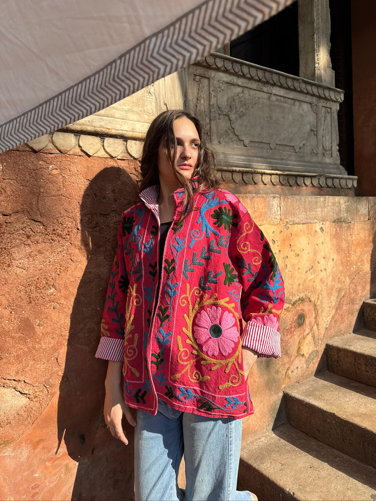 Sara Pink Cotton Embroidered Jacket | Limited Edition