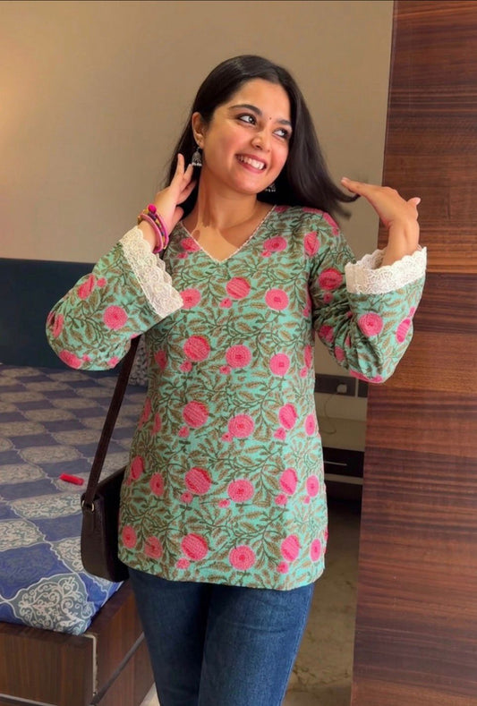 Surekha Green Cotton Katha Short Kurti