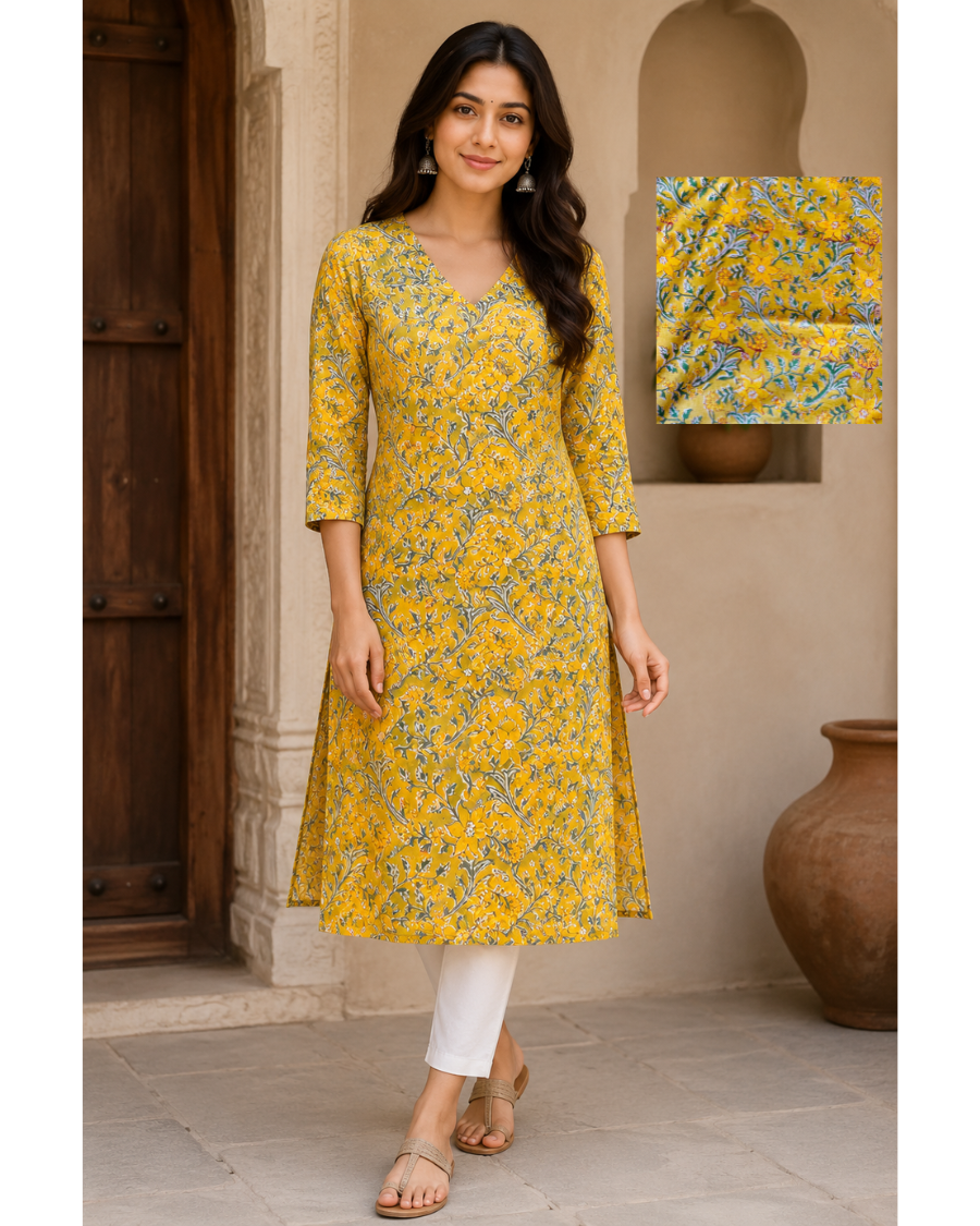 Naksh Yellow Long Kurti - 100% Cotton Hand Block Print