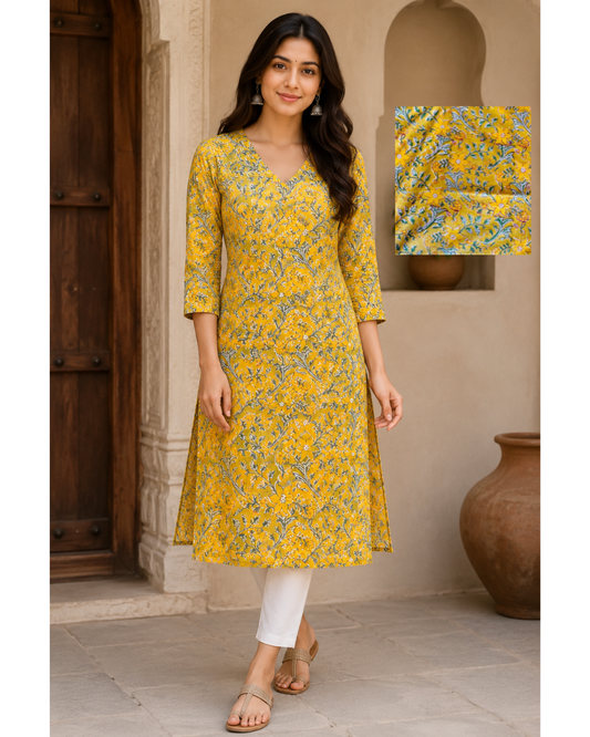 Naksh Yellow Long Kurti - 100% Cotton Hand Block Print
